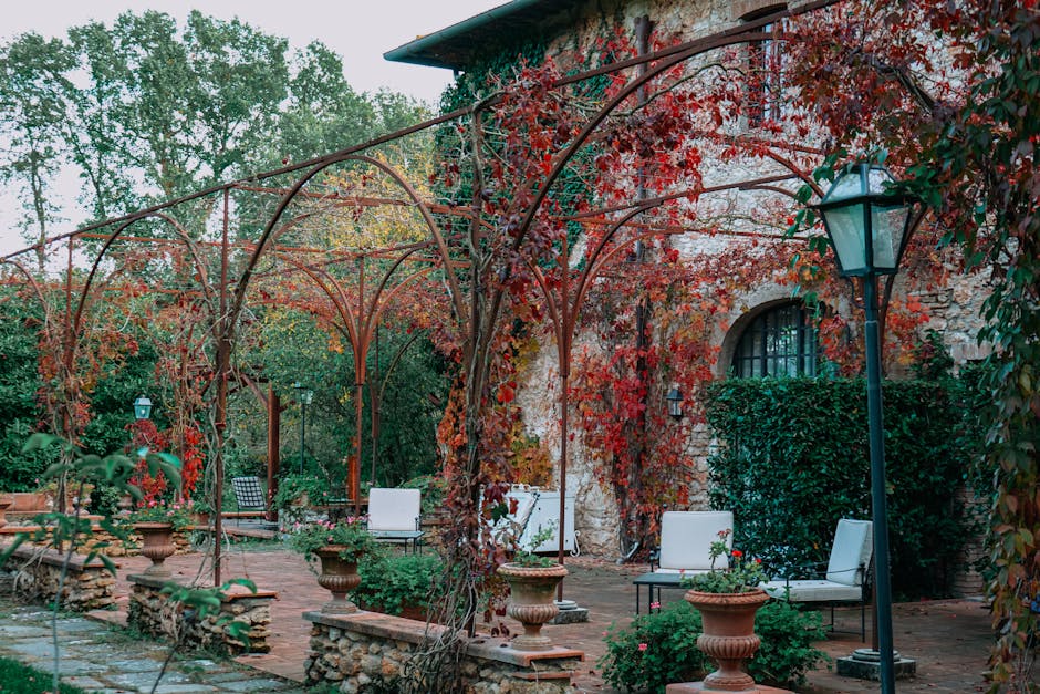 Rustic stone house with archway pergolas and vibrant autumn foliage in a cozy courtyard.