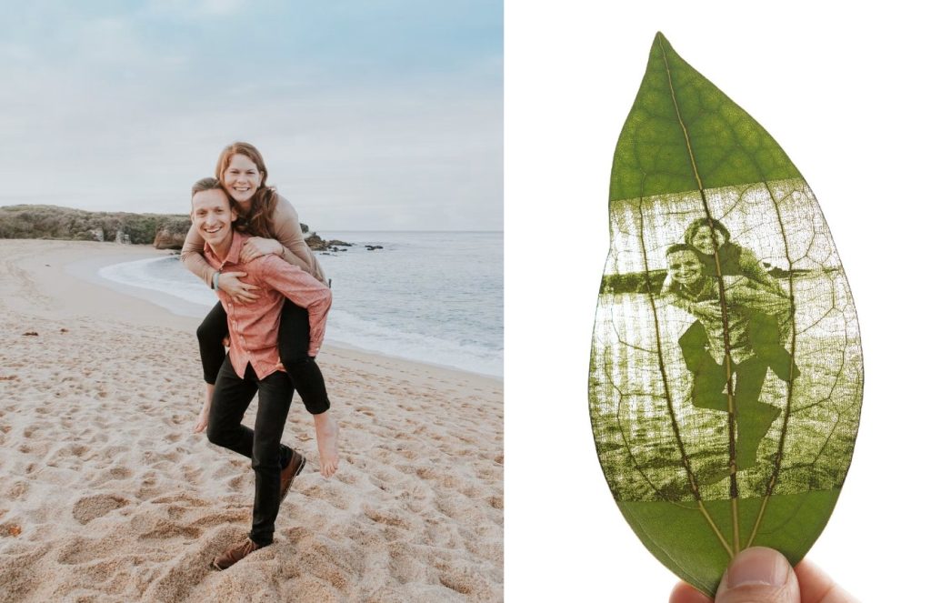 1st year couple at the beach picture printed on a leaf.