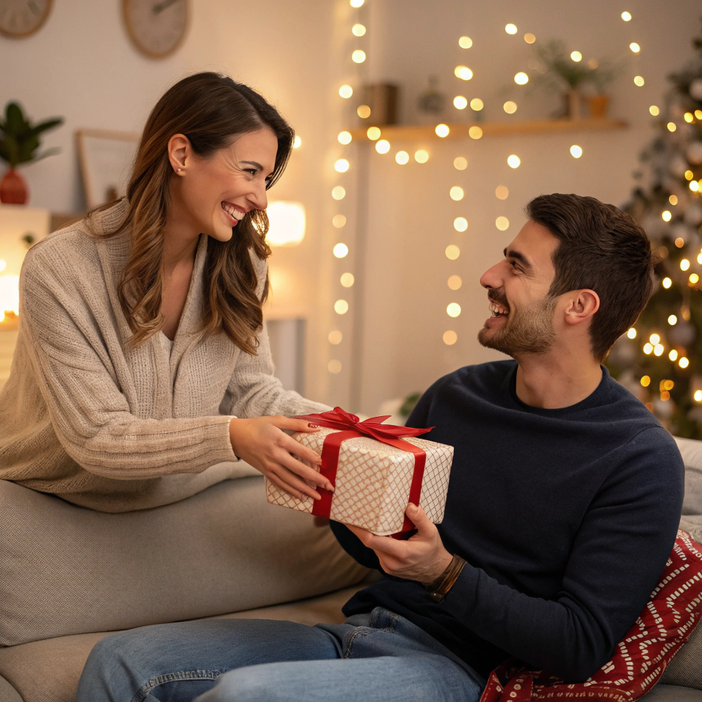 Happy couple exchanging things to buy your boyfriend for valentines day, smiling woman in cozy sweater handing a beautifully wrapped gift to her boyfriend on the couch, surrounded by warm Christmas lights and festive decor.