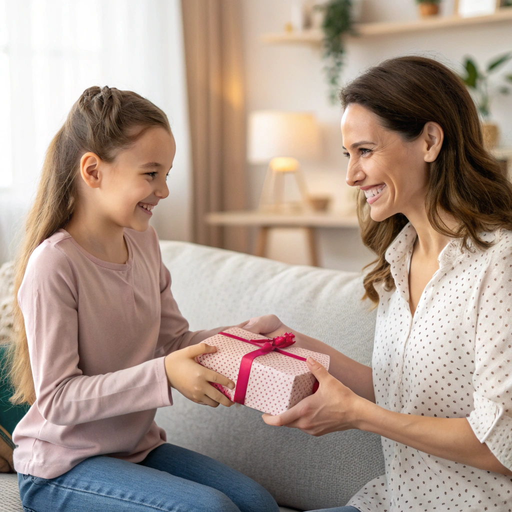 A joyful girl presents her smiling mom a pink gift box with red ribbon for Valentine's Day. Sweet mother-daughter moment.