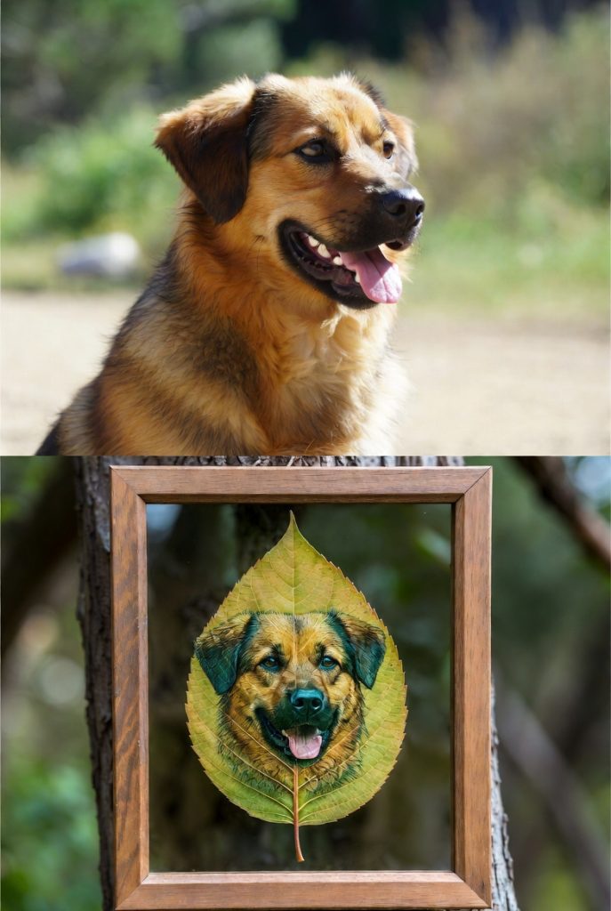 Close-up of a smiling dog's face beautifully transferred onto a green leaf portrait in a wooden frame, ideal pet photo on leaf portrait memorial art.