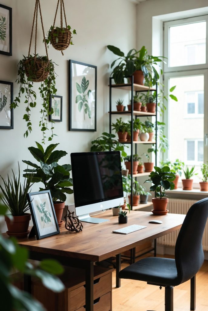 Cozy home office with hanging plants, potted greenery, framed leaf art, and a large window)
Bright home office filled with hanging plants, potted greenery and framed leaf art, perfect modern Office Decor to boost productivity in 2026.