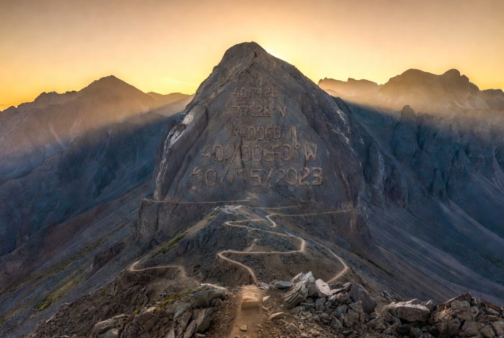 Custom personalized mountain hiking art print for him with subtle hidden coordinates and date in the rock formations